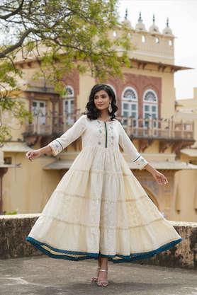 embroidered cotton round neck women's anarkali kurta - off white