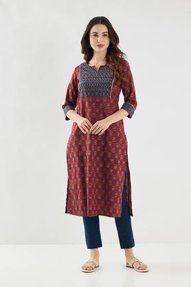 embroidered cotton round neck women's casual wear kurta - rust