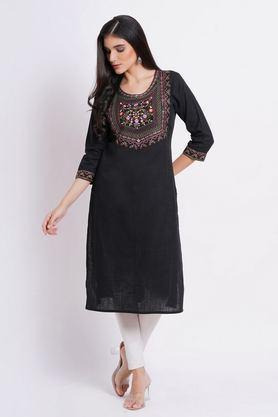 embroidered cotton round neck women's casual wear kurti - black