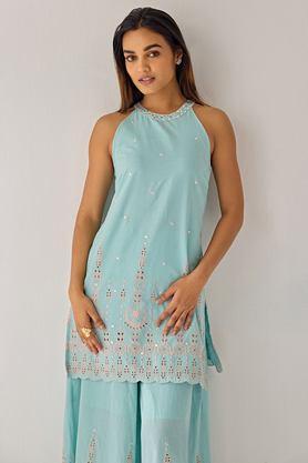 embroidered cotton round neck women's casual wear kurti - blue