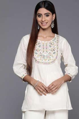 embroidered cotton round neck women's casual wear kurti - off white