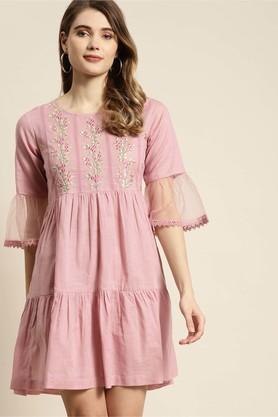 embroidered cotton round neck women's flared dress - blush