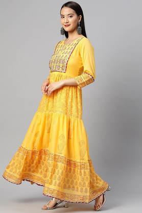 embroidered cotton round neck women's gown with dupatta - yellow