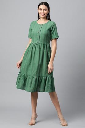 embroidered cotton round neck women's knee length dress - green