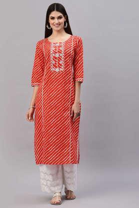 embroidered cotton round neck women's kurta - orange