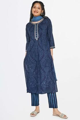 embroidered cotton round neck women's kurta trouser dupatta set - dark blue