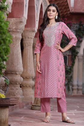 embroidered cotton round neck women's salwar suit - pink