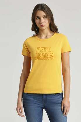 embroidered cotton round neck women's t-shirt - yellow