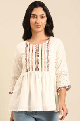 embroidered cotton round neck women's top - off white