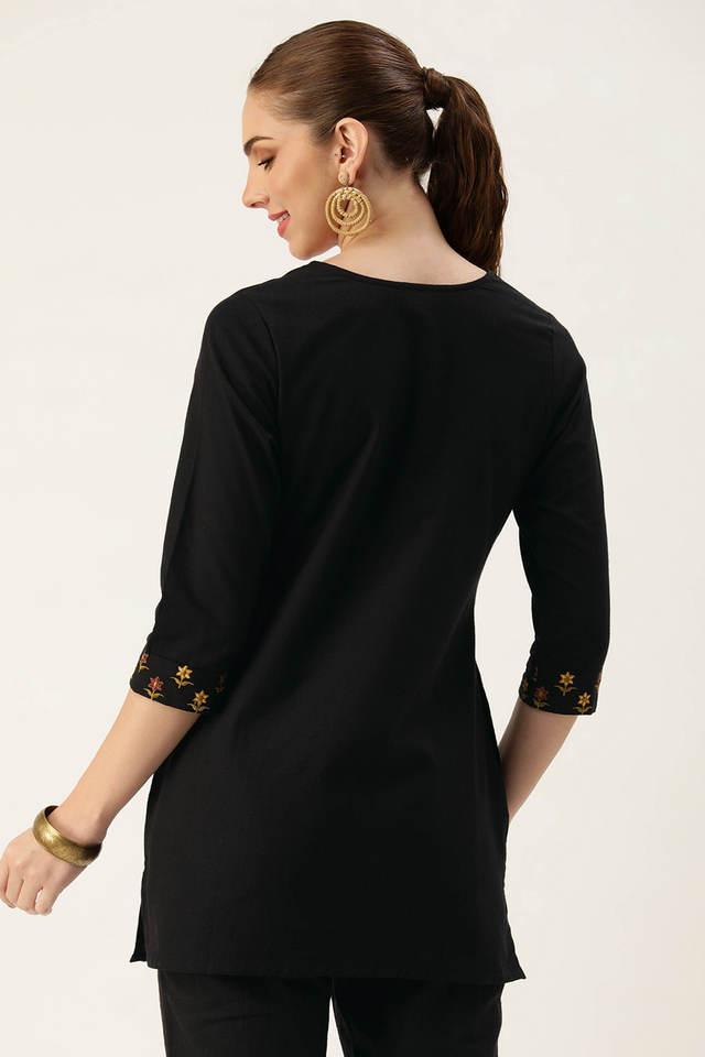 embroidered cotton round neck women's tunic - black