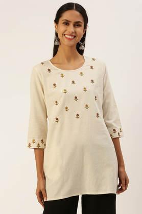 embroidered cotton round neck women's tunic - natural