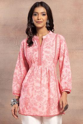 embroidered cotton round neck women's tunic - pink