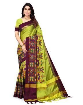 embroidered cotton saree with tassels