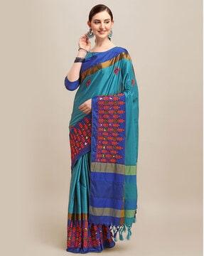 embroidered cotton silk saree with tassels