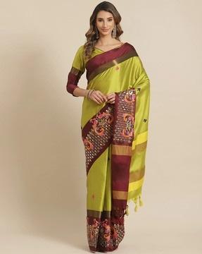 embroidered cotton silk saree with tassels