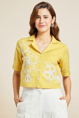 embroidered cotton slub collared women's casual wear tunic - yellow