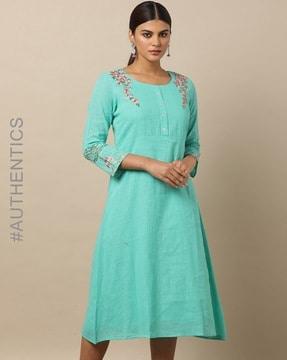 embroidered cotton slub flared dress