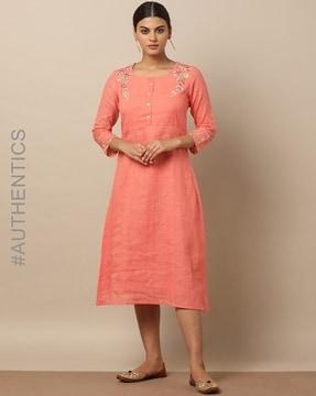 embroidered cotton slub flared dress