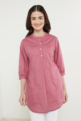 embroidered cotton slub mandarin women's casual wear tunic - dusty pink
