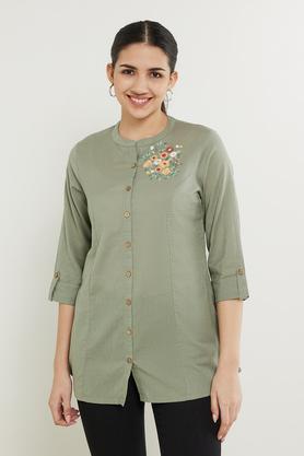 embroidered cotton slub mandarin women's casual wear tunic - green