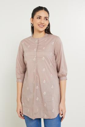 embroidered cotton slub mandarin women's casual wear tunic - grey