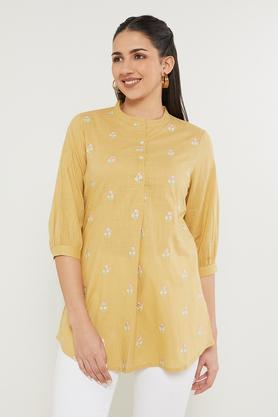 embroidered cotton slub mandarin women's casual wear tunic - mustard