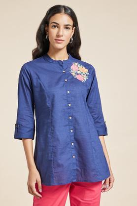 embroidered cotton slub mandarin women's casual wear tunic - navy