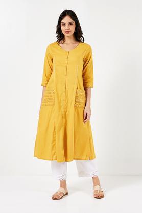 embroidered cotton slub v-neck women's casual wear kurta - yellow