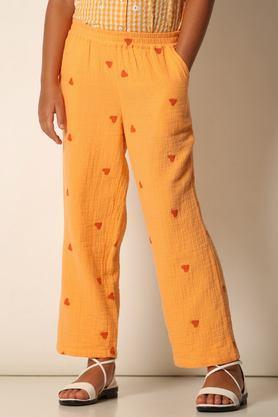 embroidered cotton straight fit girls trousers - yellow