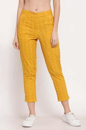 embroidered cotton straight fit women's pants - mustard