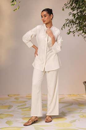 embroidered cotton straight fit women's shirt - ivory