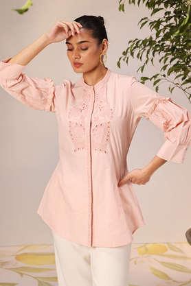 embroidered cotton straight fit women's shirt - pink