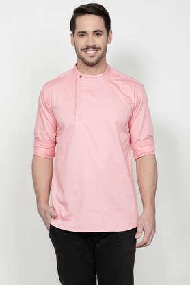 embroidered cotton tapered fit men's casual kurta - rose