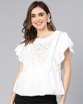 embroidered cotton top with lace detail
