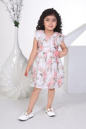 embroidered cotton v-neck girls casual wear dress - peach