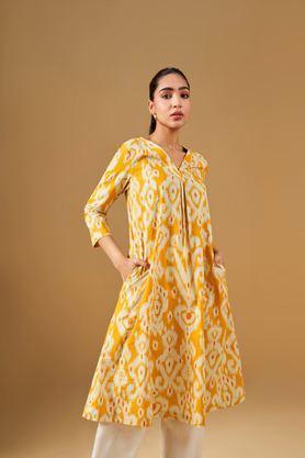 embroidered cotton v-neck women's casual wear kurta - mustard