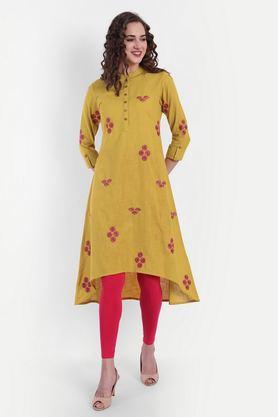 embroidered cotton v-neck women's casual wear kurti - yellow