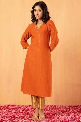 embroidered cotton v-neck women's kurta - orange