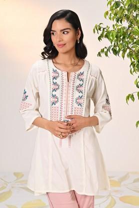 embroidered cotton v-neck women's tunic - ivory