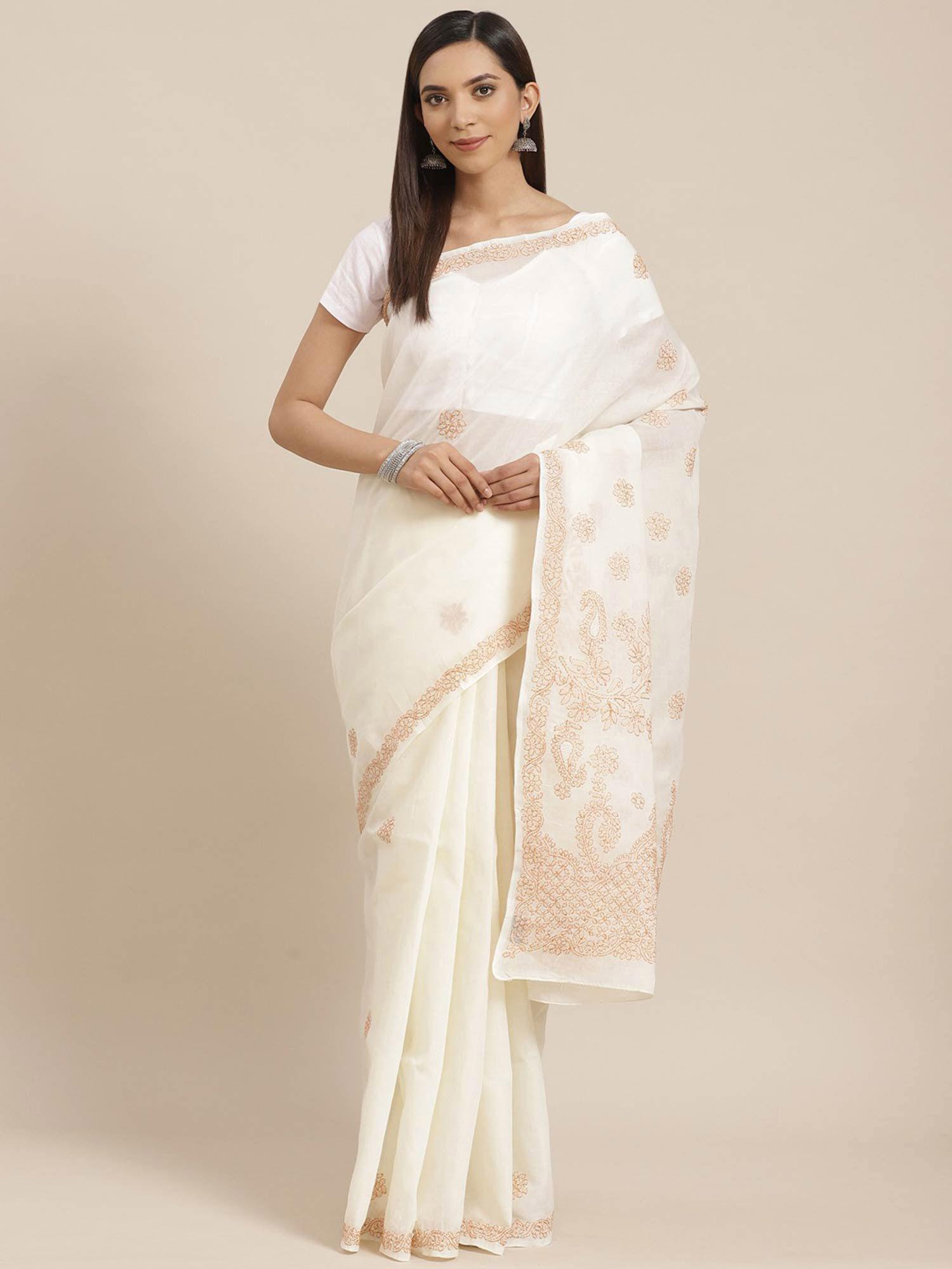 embroidered cream cotton lucknow chikan saree- a311156 (a311156)