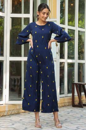 embroidered crepe round neck women's jumpsuit - blue