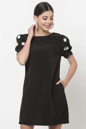 embroidered crepe round neck women's knee length dress - black