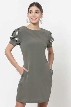 embroidered crepe round neck women's knee length dress - grey
