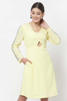 embroidered crepe v neck women's knee length dress - yellow