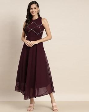 embroidered crew-neck a-line dress