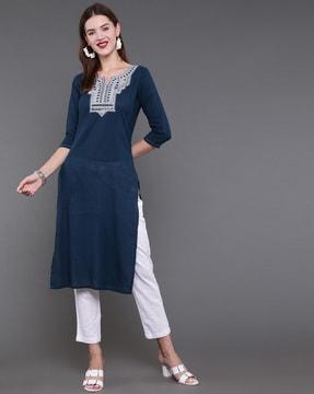 embroidered crew-neck straight kurta