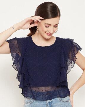 embroidered crew-neck top with butterfly sleeves