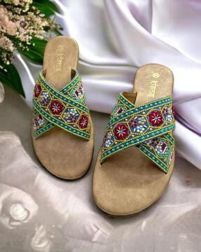 embroidered criss-cross strap flat sandals
