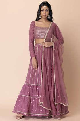 embroidered crop georgette women's kurta set - pink