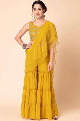 embroidered crop length georgette woven women's sharara with blouse and attached dupatta - yellow